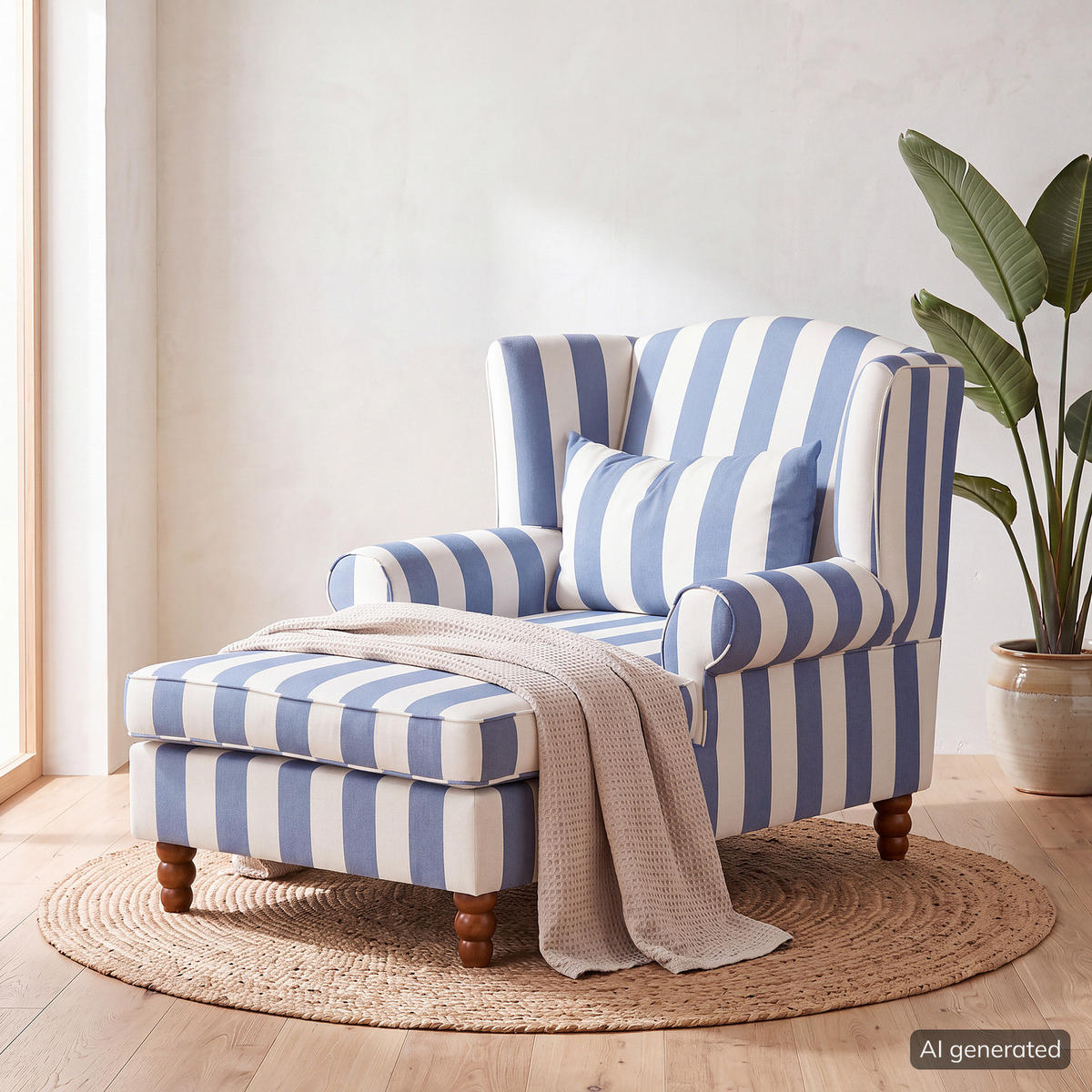 OHRENSESSEL - Webstoff - Blau/Weiß, Holz/Textil (94/95/134cm) - home24