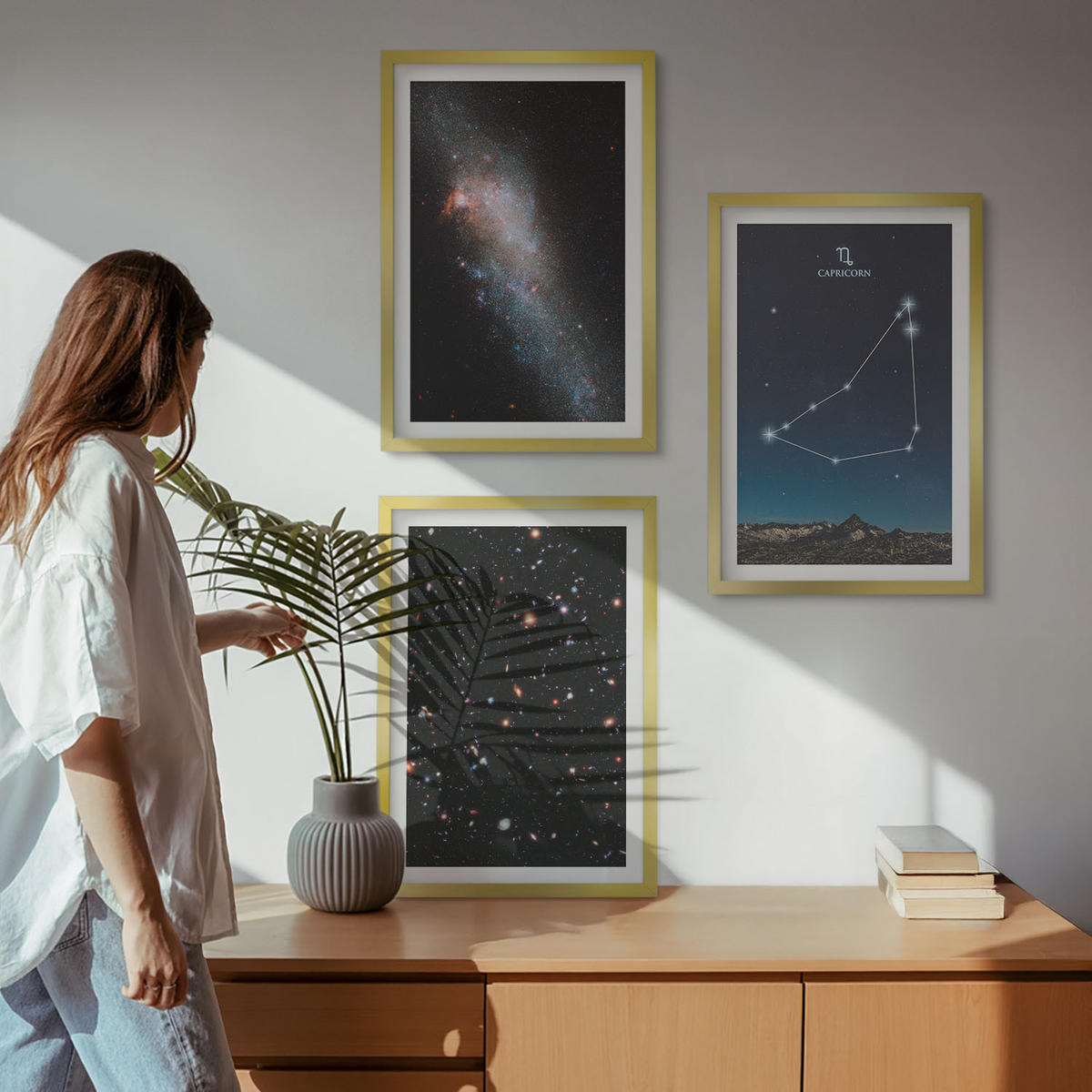 BILDER SET 3er Set - 40x60 cm Goldrahmen - Galaxie im Sternbild Steinbock - Goldfarben, Kunststoff (40/60cm) - TULUP