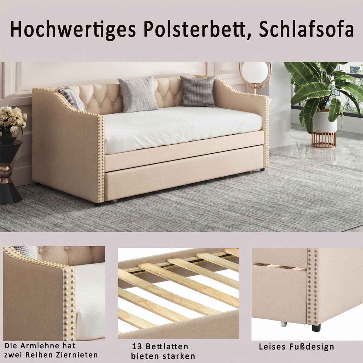 POLSTERBETT 90x200 cm mit Rückenlehne - mit Ausziehbett und Armlehnen - ohne Matratze - Beige - Beige, Textil (90/200cm) - DELFA