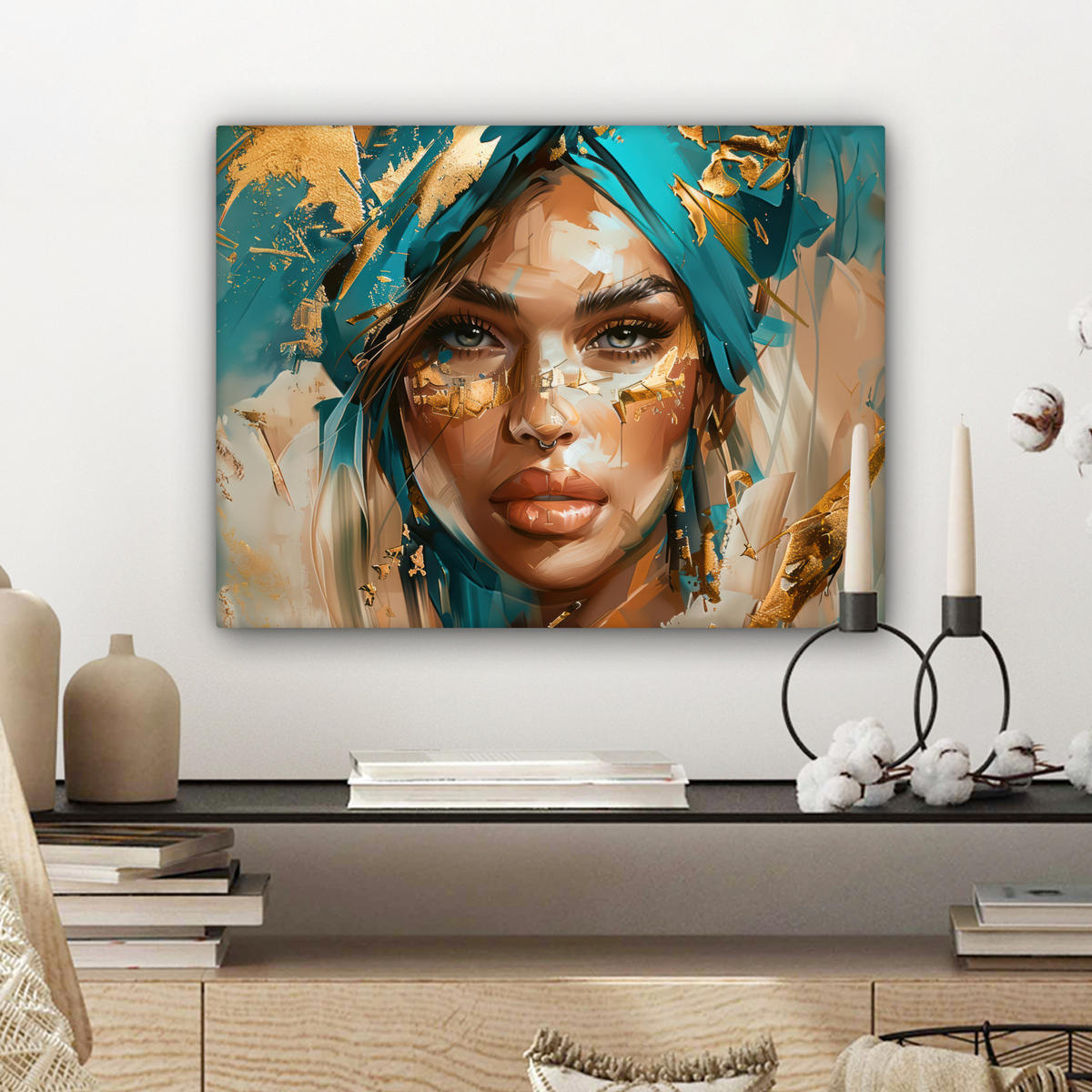 LEINWANDBILD - Frau - Porträt - Gold - Luxus - Blau - 40x30 - Wanddeko - Türkis, Textil (40/30cm) - MuchoWow