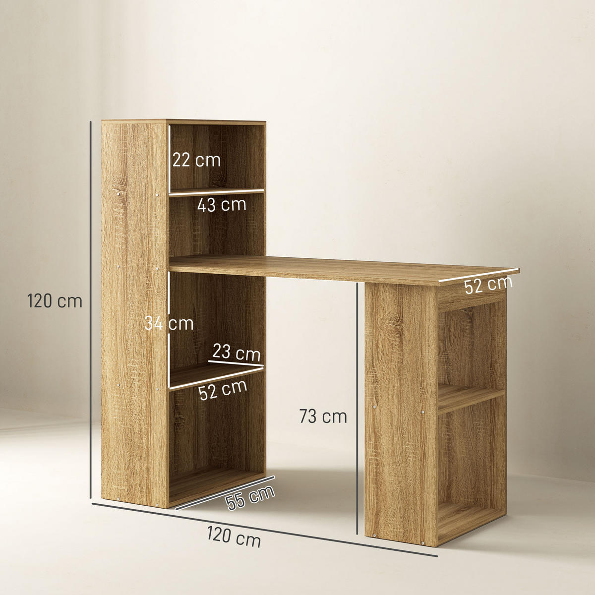 SCHREIBTISCH Eicheoptik und Weiß mit integriertem Regal 120/55/120 cm - Eichefarben, Holz (55/120/120cm) - PANGIVO