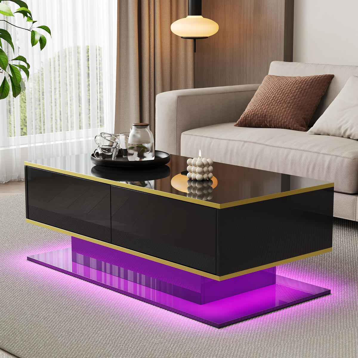COUCHTISCH LED Hochglanz 100 cm 3 Schubladen Gold - Schwarz, Holzwerkstoff (50/100/40cm) - LEBENLANG
