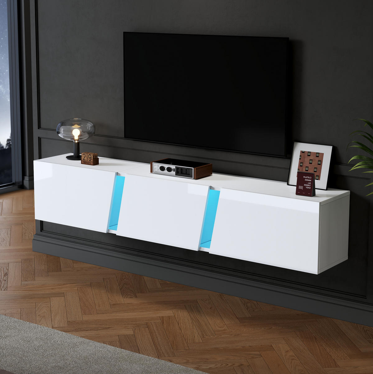LOWBOARD 180/35/30 cm Weiß aus Spanplatte und Acryl mit LED-Beleuchtung - Weiß, Holzwerkstoff (35/30/180cm) - OKMYHOME