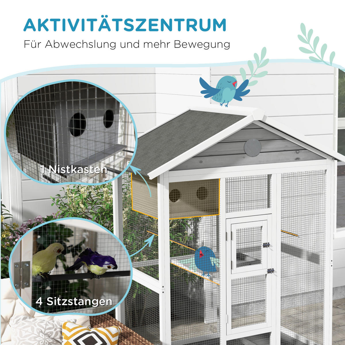 VOGELKÄFIG DE-10751 mit Asphaltdach & 4 Sitzstangen Natur - Weiß, Holzwerkstoff (68/154/112cm) - ComfortXL