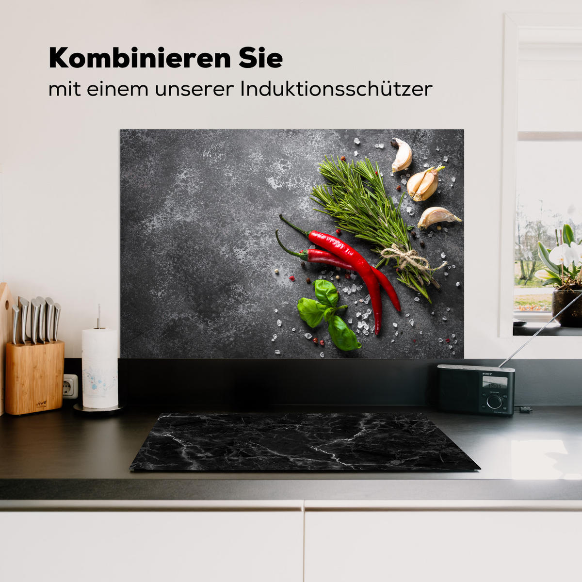 SPRITZSCHUTZ KÜCHE Pfeffer - Kräuter - Gewürze - Beton 80x55 cm - Rot, Metall (80/0.3/55cm) - MuchoWow