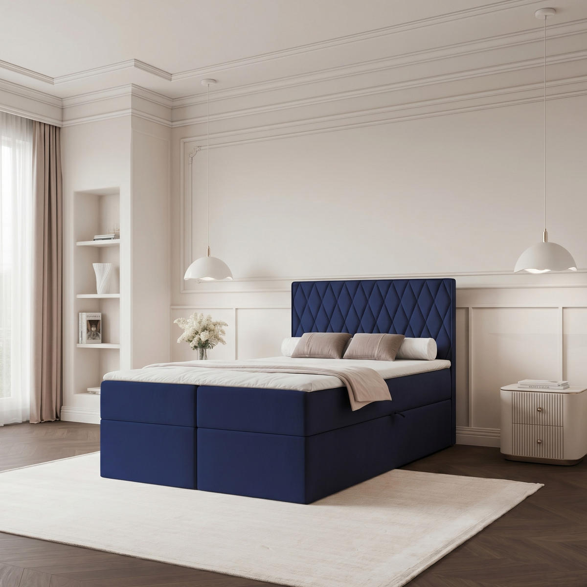 BOXBETT PONTI 120x200 cm Marineblau (Samt) - mit 2 Bettkästen, Bonellmatratze und vertikaler Rautensteppung - Dunkelblau, Holzwerkstoff/Textil (120/200cm) - Ravio