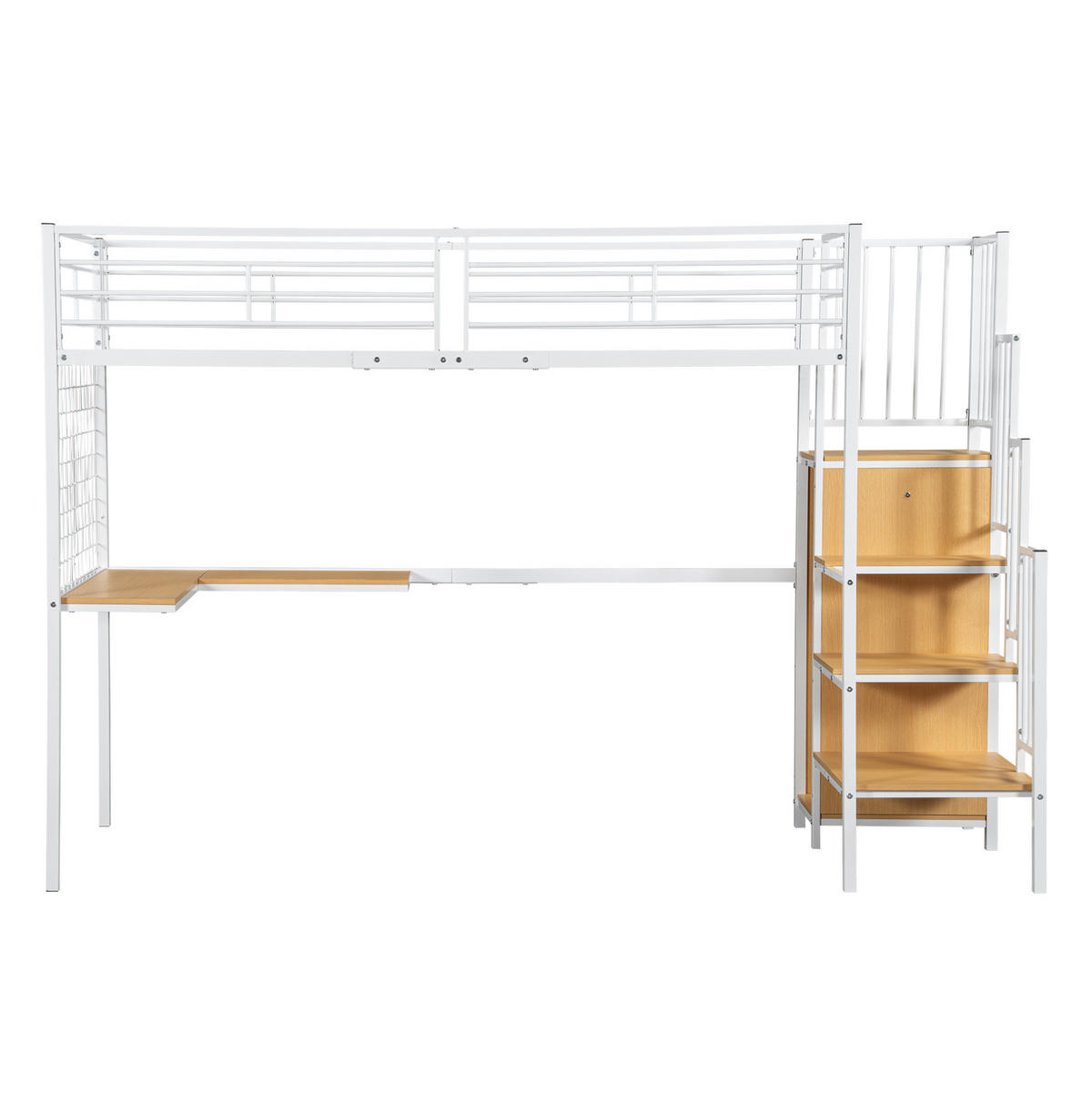 HOCHBETT 90/200 cm in Weiß/Natur mit Kleiderschrank, Tisch und seitlicher Treppe - Weiß, Holzwerkstoff (90/200cm) - Flora Grace