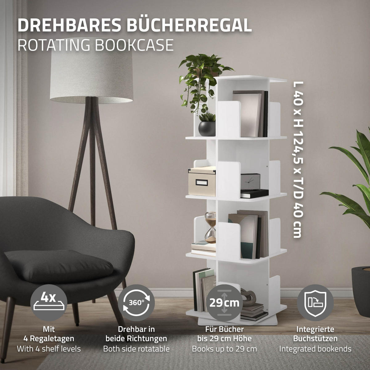 BÜCHERREGAL Kinder mit 4 Ebenen Weiß 40x124,5x40 cm Drehbar 360 Grad - Weiß, Holzwerkstoff (40/124.5/40cm) - ML-DESIGN