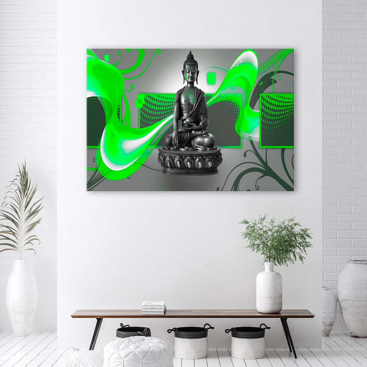 LEINWANDBILD Buddha Abstrakt 120x80cm - Grün, Textil (120/80cm) - Feeby