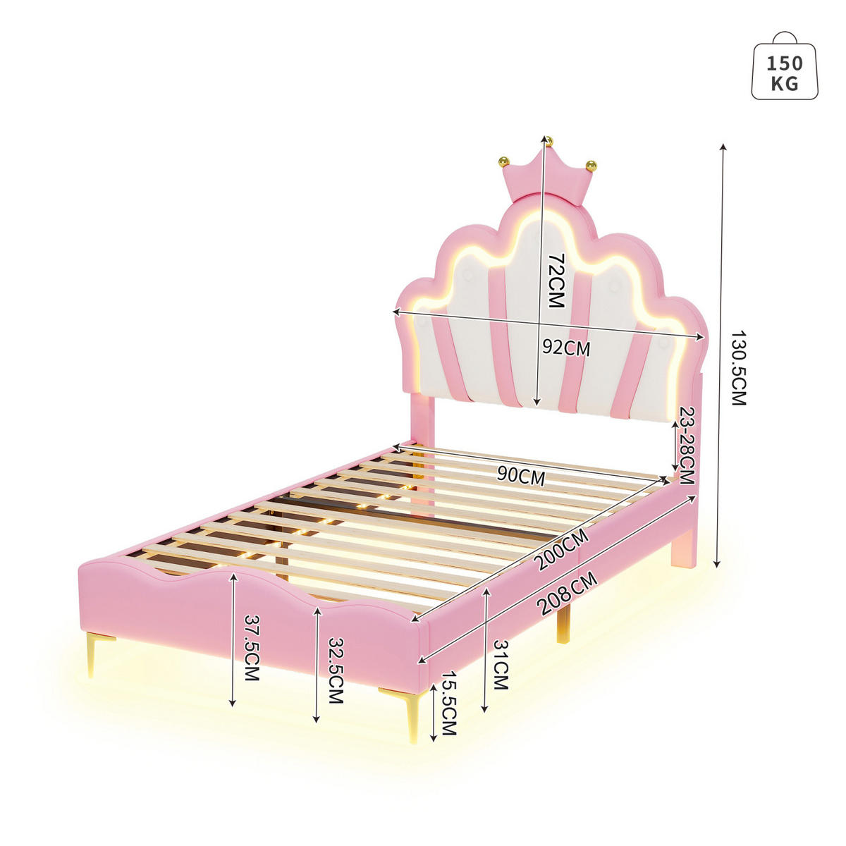 KINDERBETT 90 x 200 cm, Prinzessinnen, mit RGB-LED-Beleuchtung, gepolsterter Krone, höhenverstellbarem Bettgestell, Rosa - Pink, Leder/Holz (200/90cm) - BursDany