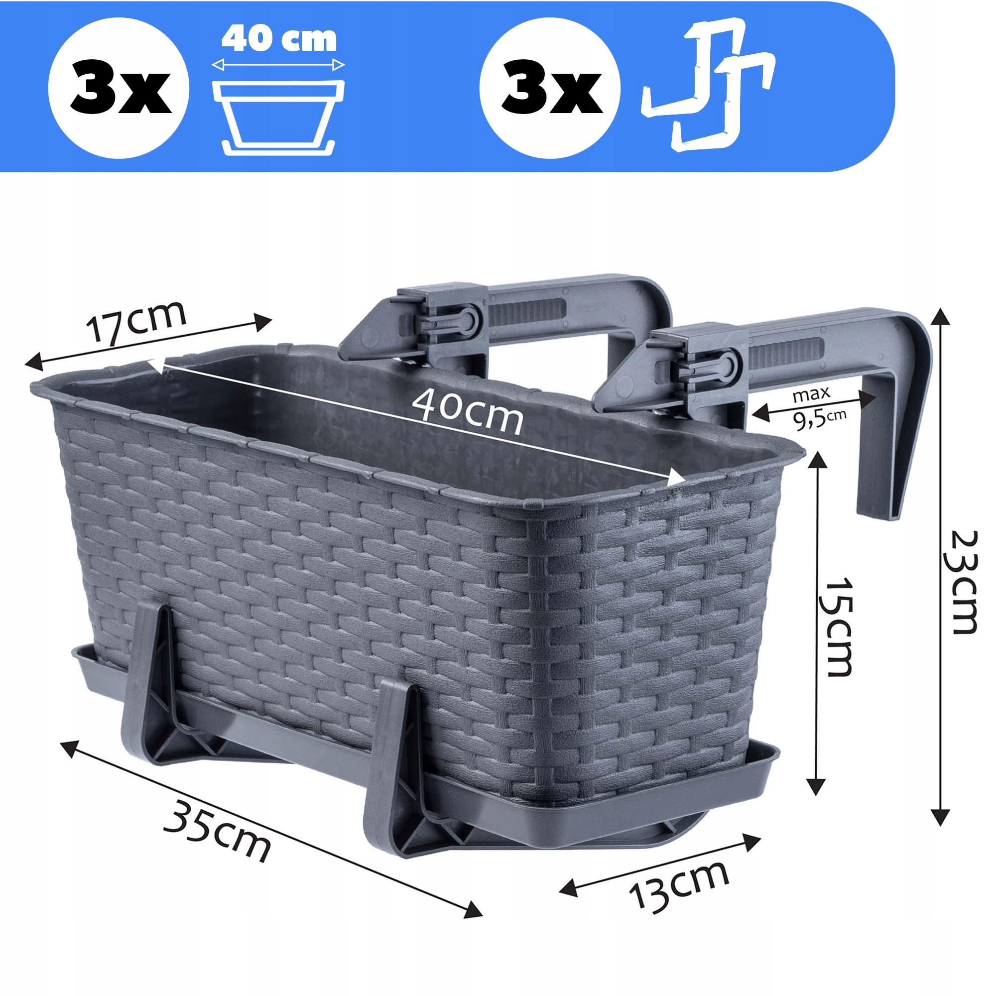 BALKONKASTEN mit Griffen, Graphit, 40 cm, 3 Stk. - Graphitfarben, Kunststoff (17/40cm) - KADAX