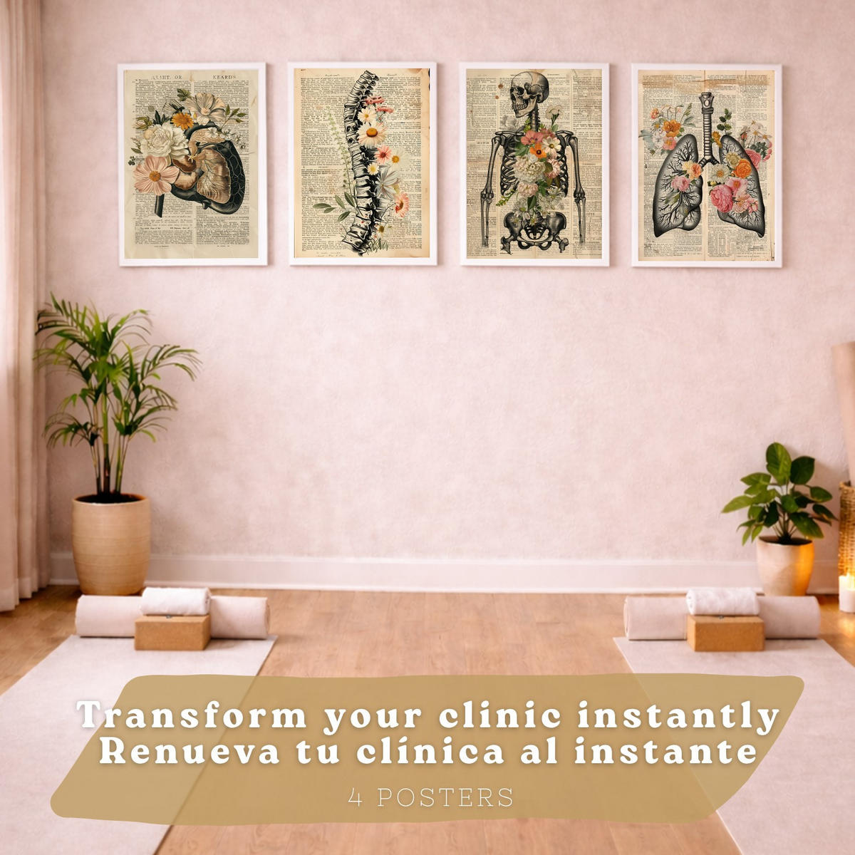POSTER Set aus 4 Anatomie Drucke und Wandbilder mit Leber Lungen Atmungssystem Skelett Schädel Wirbelsäule Vintage Zeitungsstil Größe Weißer Rahmen A4 - Weiß, Papier (21/29.7/3cm) - Nacnic