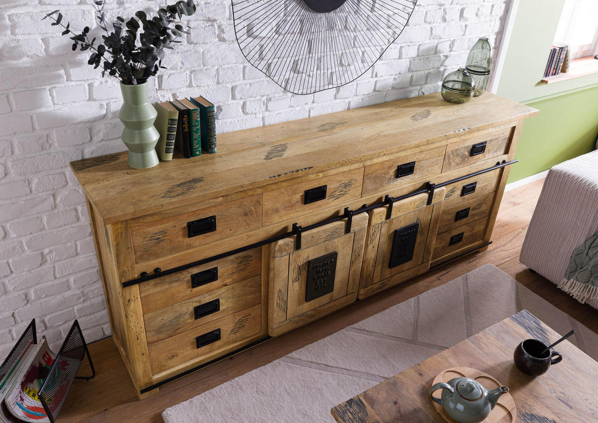 SIDEBOARD Mango 220x45x90 natur lackiert RAILWAY #192 - Naturfarben, Holz (220/90/45cm) - Massivmoebel24