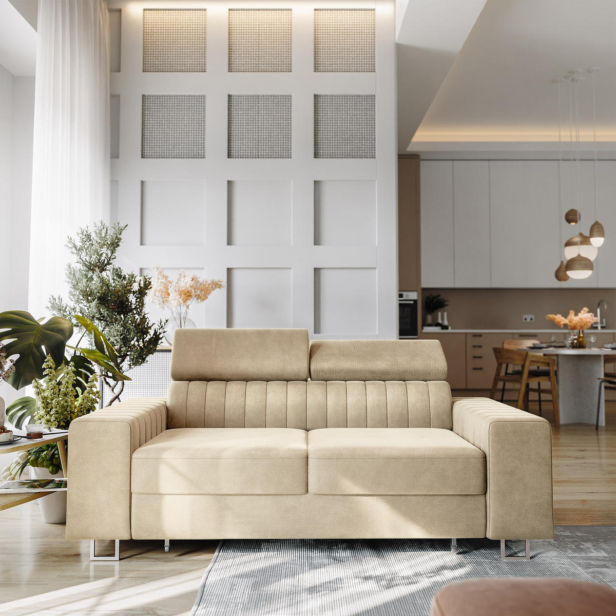 BETTSOFA SOLAN Creme Velours-Stoff mit Schlaffunktion - Creme, Holz/Textil (194/88/90cm) - MASSENO