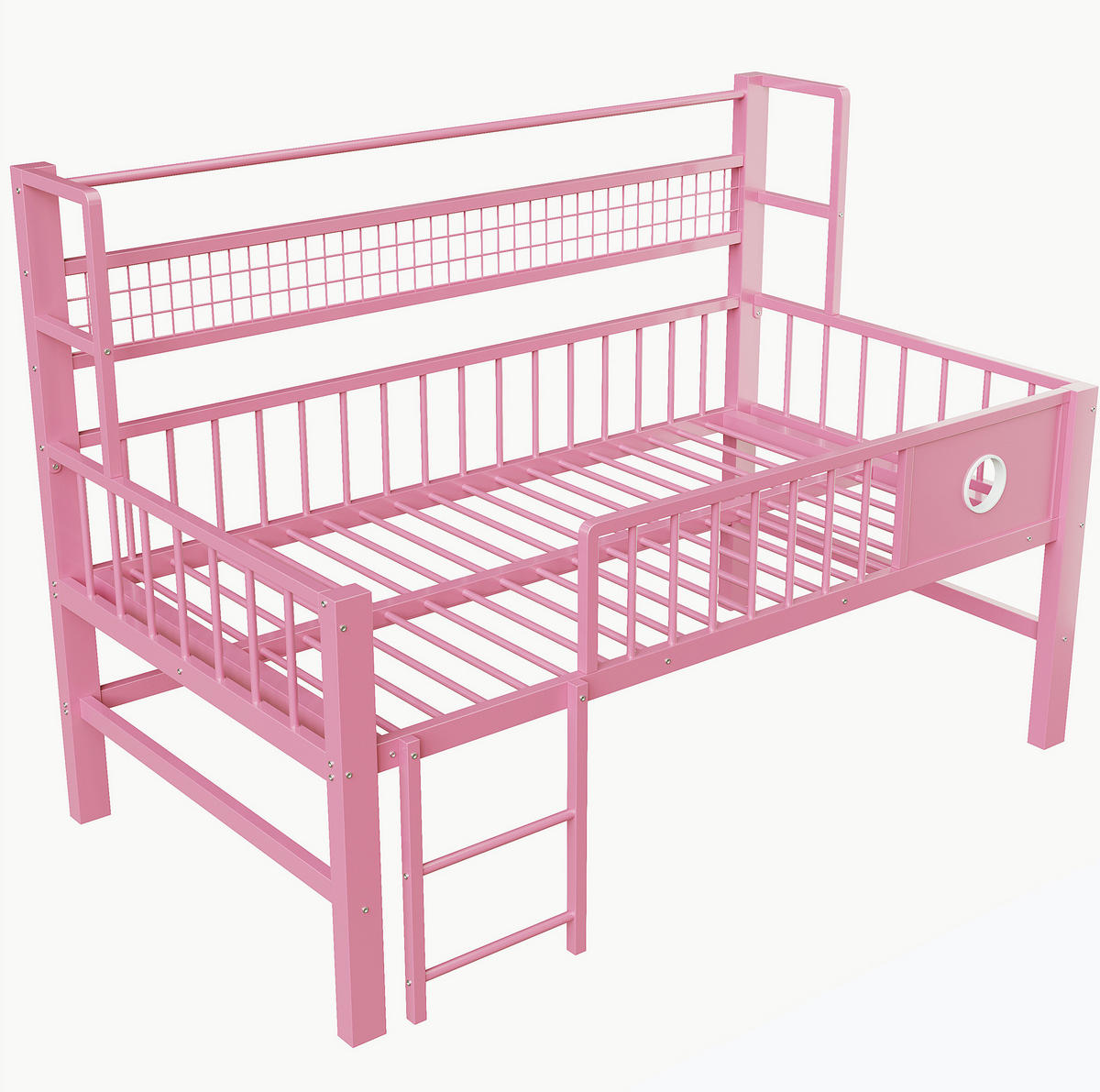 KINDEREINZELBETTEN aus Metall 90x200 cm in Rosa mit Sicherheitsgitter & Stauraum - Rosa, Metall (90/200cm) - Modfu