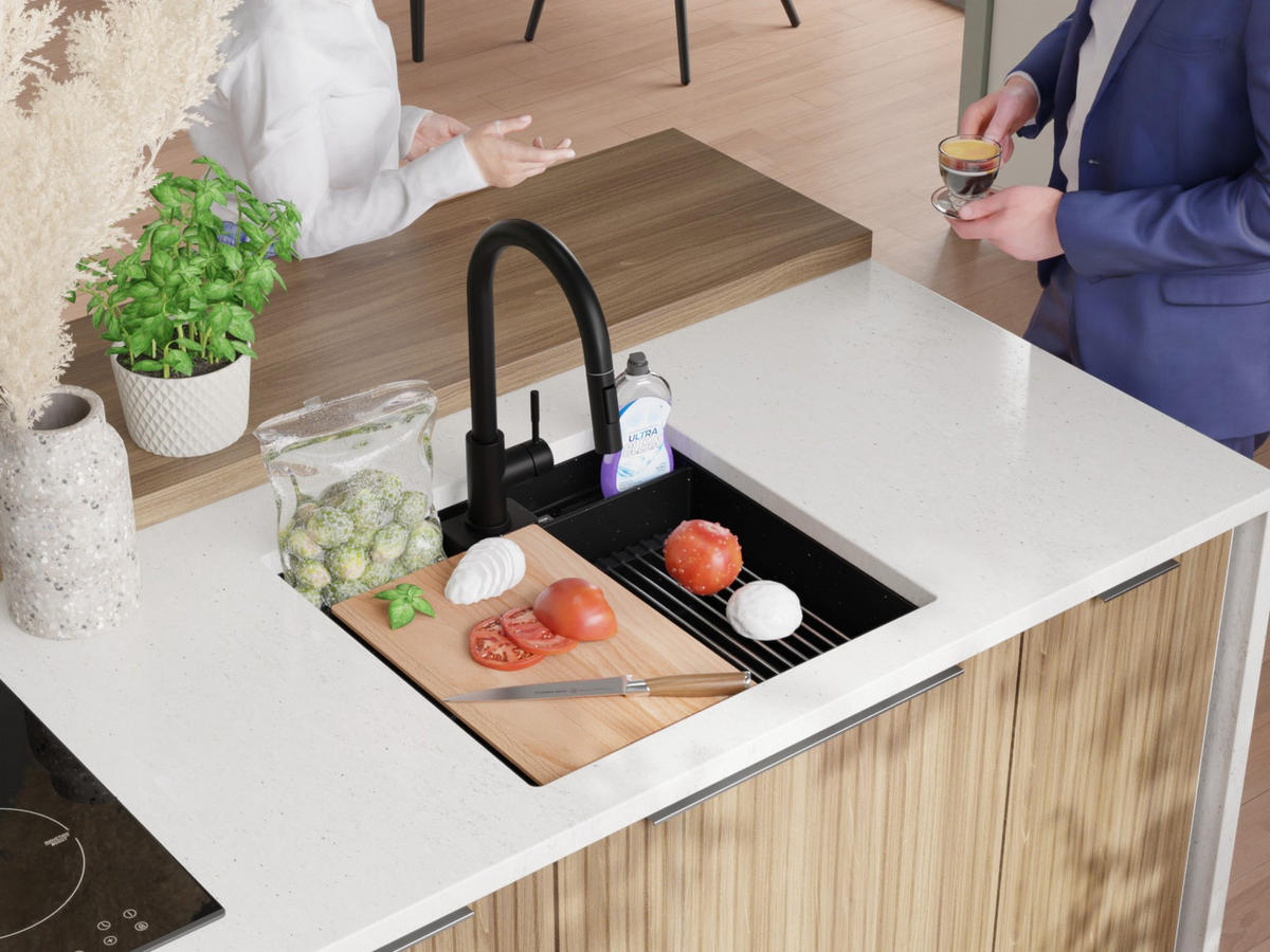 UNTERBAUSPÜLE GRANIT Bergen Pocket, 2-er set Schwarz Metallic 56/54 cm 1 Becken + Ablauf-Set + Küchenzubehörset ab 60er Unterschrank - Chromfarben/Schwarz Hochglanz, Kunststoff (56/20/54cm) - Primagran