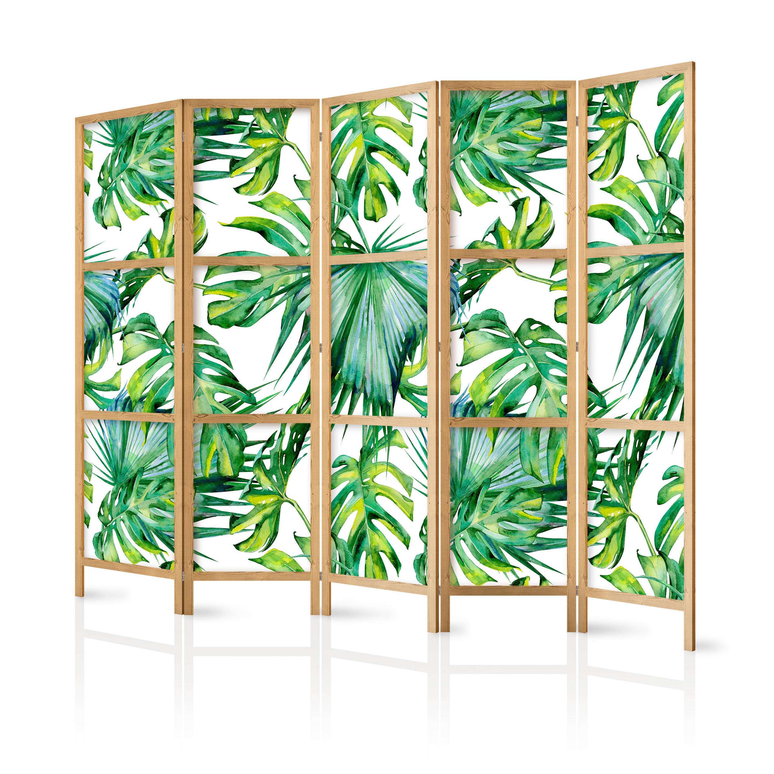PARAVENT Japanischer 5-tlg 225x172 cm Tropische Bl tter - Grün, Holz/Textil (225/172/3cm) - Muralo