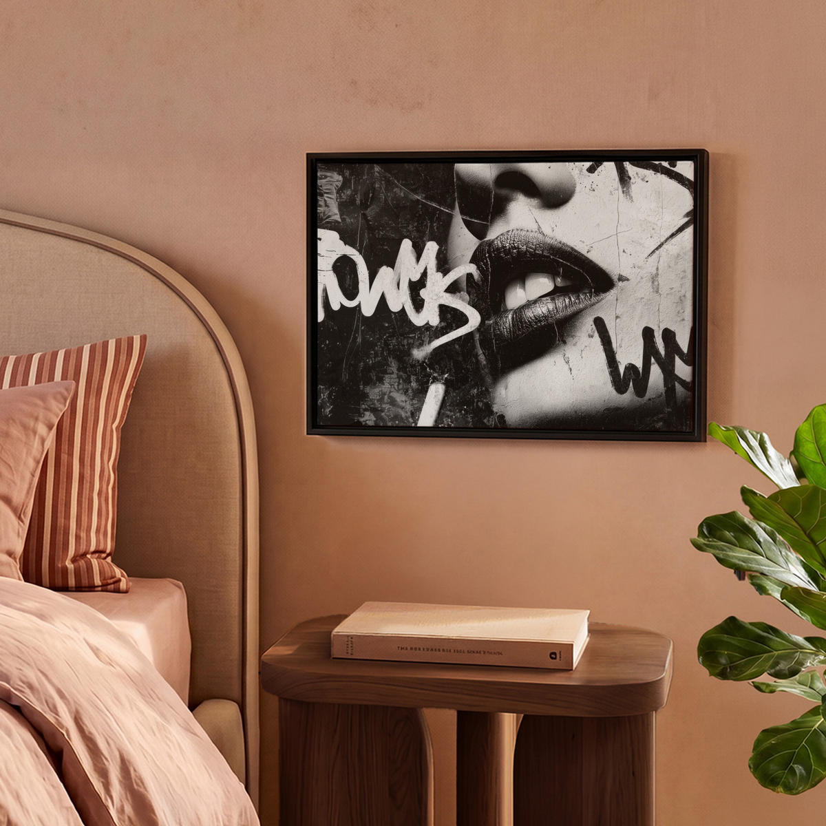 LEINWAND Bilder mit Rahmen - Gesicht - Mund - Graffiti - Schwarz - 40x30 - Schwarz, Textil (40/30cm) - MuchoWow