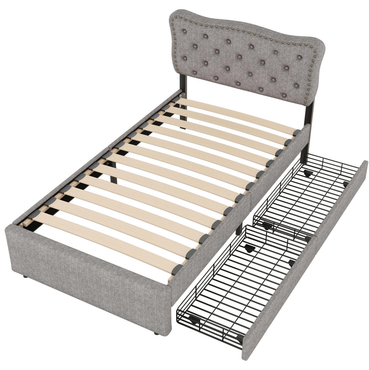 POLSTERBETT 90/200 cm Grau mit 2 Schubladen und gepolstertem Kopfteil - Grau, Textil (90/200cm) - BEAOK