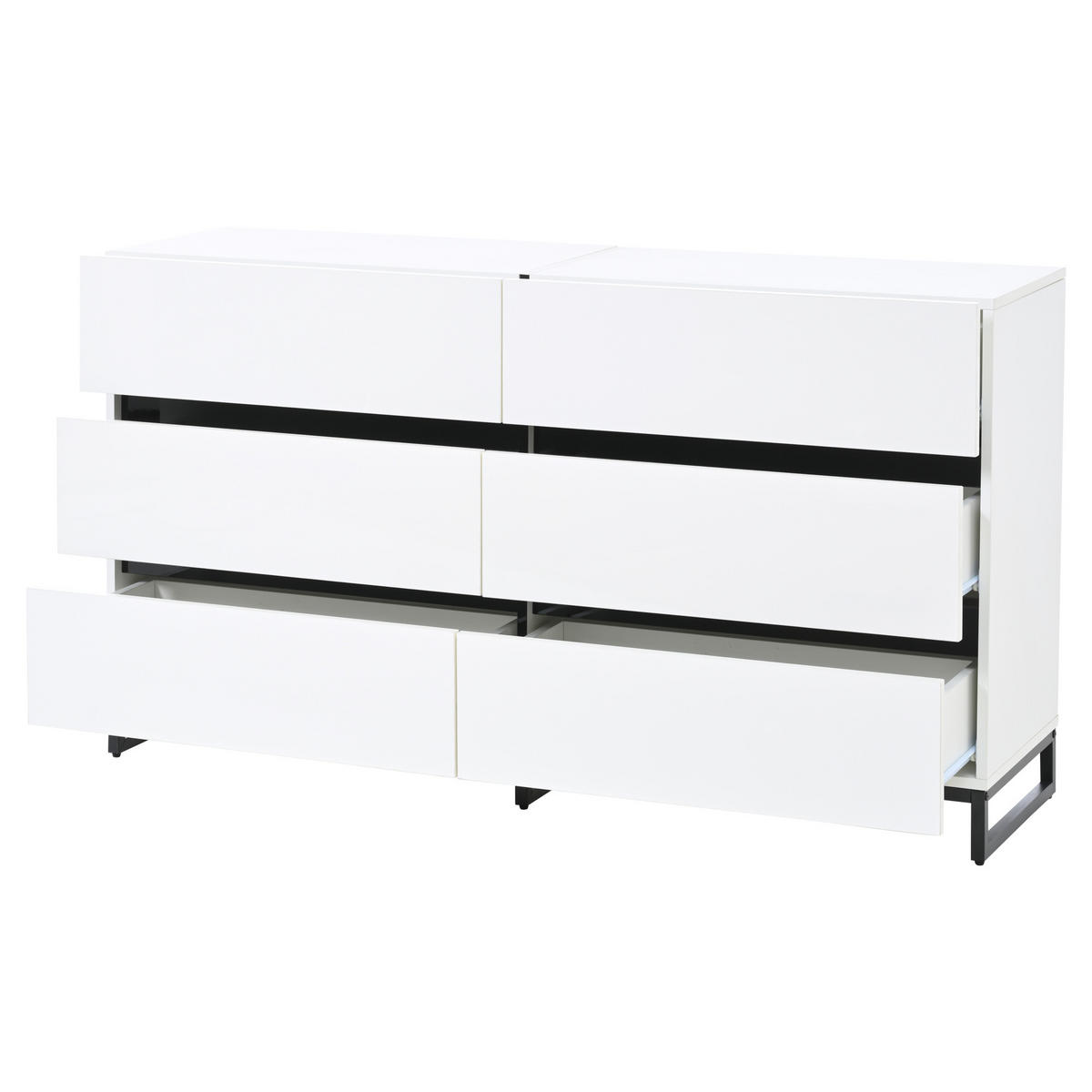 SIDEBOARD Weiß, 140/39,5/78,5 cm, aus Spanplatte und Metall, mit 6 Schubladen und Hochglanzfront - Schwarz/Weiß, Holzwerkstoff/Metall (140/78.5/39.5cm) - CHICFURN