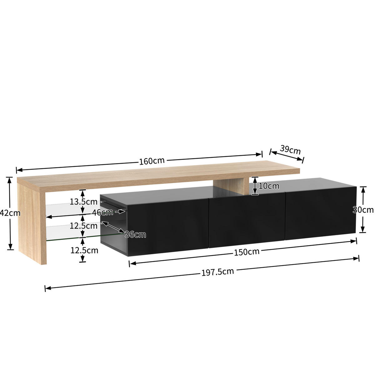 TV-SCHRANK aus MDF und Glas 197,5x39x42 cm Natur/Schwarz mit 3 Türen, Glasböden und 7-farbiger LED-Beleuchtung - Naturfarben, Holzwerkstoff (197.5/42/39cm) - Modfu