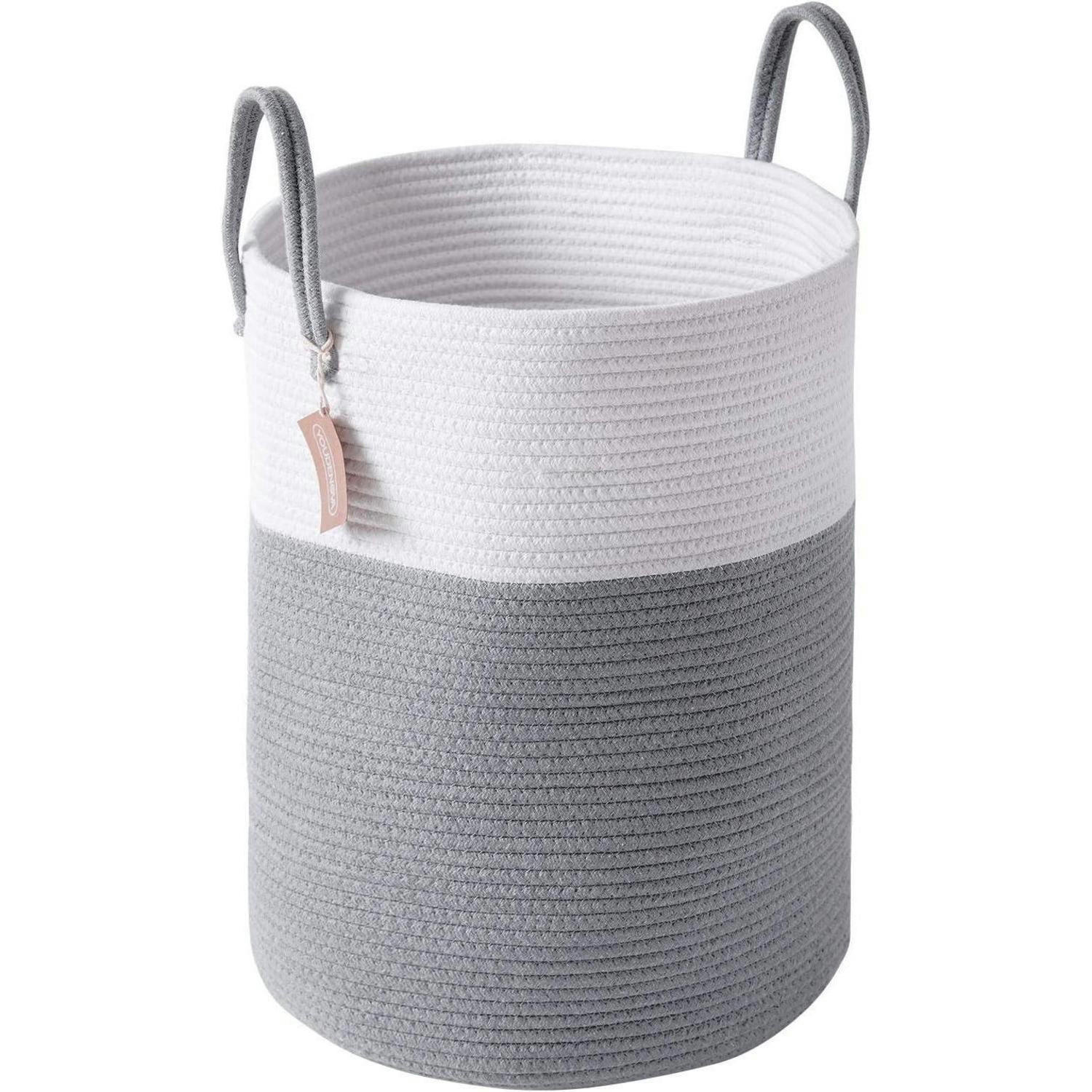WÄSCHEKORB geflochten Baumwolle Weiß & Grau 38 cm(D)x50 cm(H) - Multicolor, Textil (38/50/38cm)