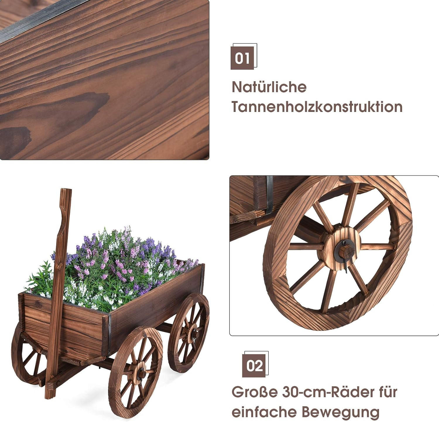BLUMENWAGEN Holz, Pflanzwagen 4 Rädern Braun - Braun, Holz (43/54/120cm) - COSTWAY