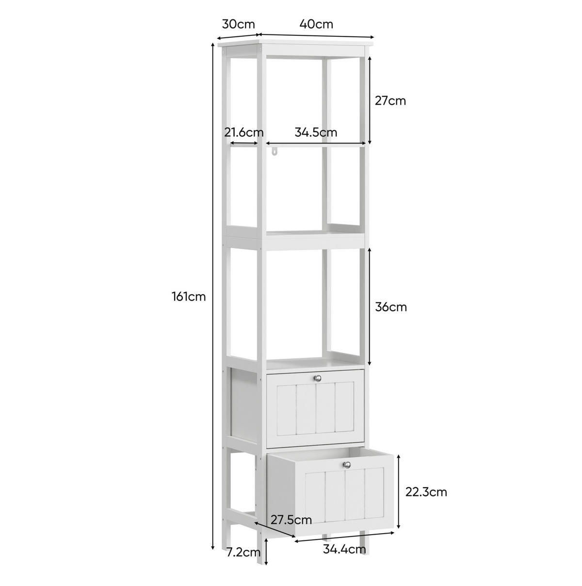 HOCHSCHRANK 40x30x160 cm Weiß aus Spanplatte mit 2 Schubladen & 3 offenen Regalen - Weiß, Holzwerkstoff (40/160/30cm) - Modfu
