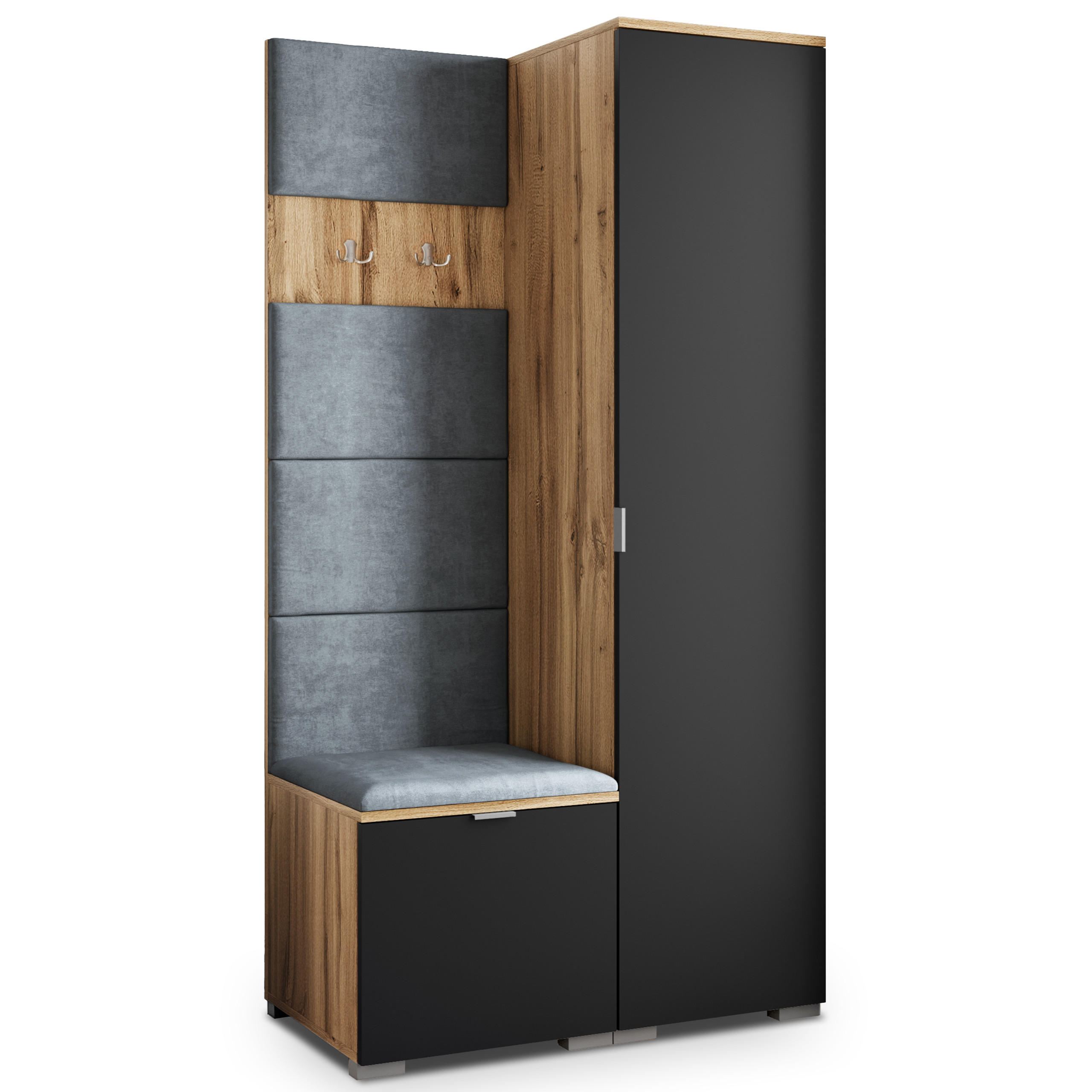 Masseno Garderobenschrank Eiche Wotan, Schwarz, Grau 95x181x51 cm