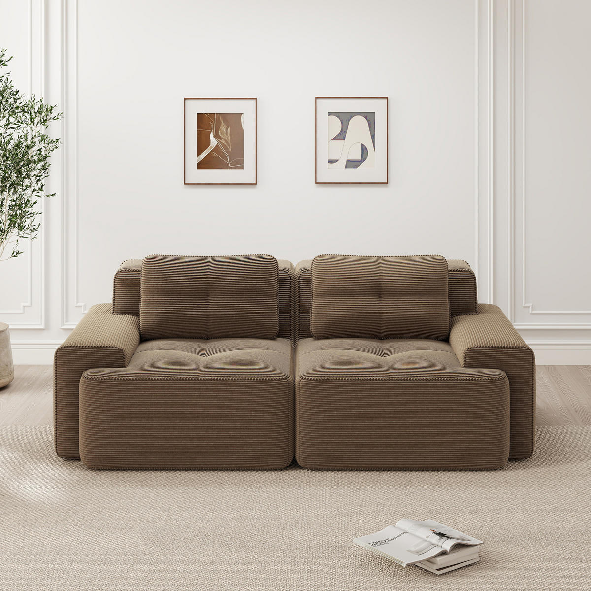 MODULÁRNÍ pohovka 74 cm hnědá z manšestru s hlubokým sedem a bez montáže - hnědá, textil (104/69/204cm) - OKWISH