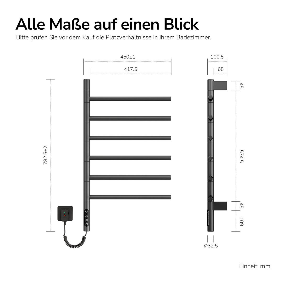 HEIZKÖRPER elektrisch 78,2 x 45 cm mit Smart-Steuerung Anthrazit - Anthrazit, Metall (45/78.2/10cm) - EMKE