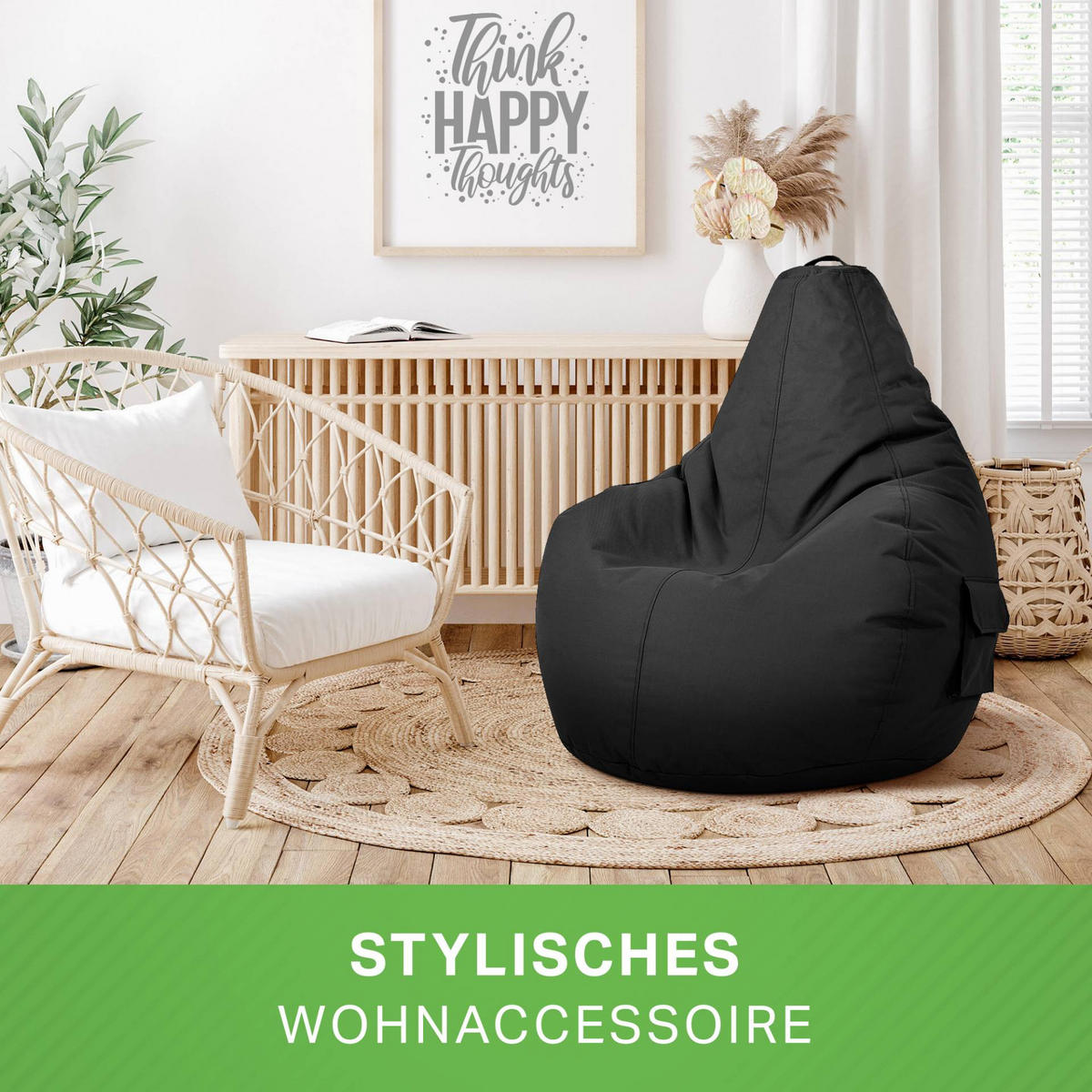 SITZSACK + Hocker "Cozy+Stay" 2er Set - Schwarz, Textil (70/90/80cm) - Green Bean