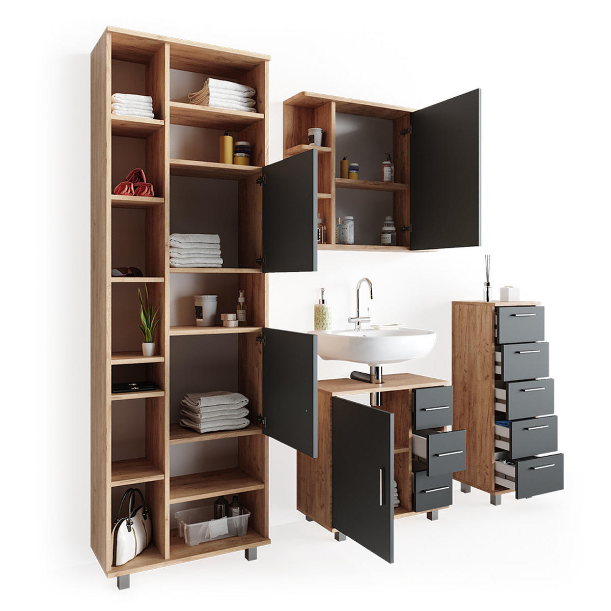 BADMÖBEL-SET Ilias Eiche 4 Teile - Eichefarben/Anthrazit, Holzwerkstoff (60/60/33cm) - Vicco