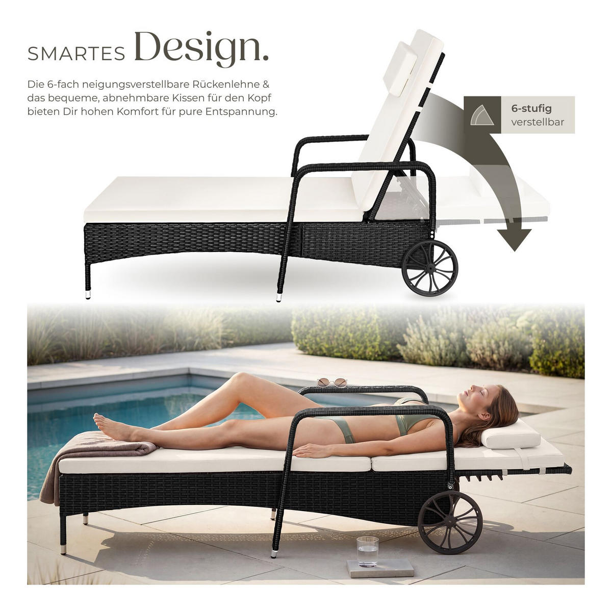 RATTAN-SONNENLIEGE, 200 x 70 x 33 cm, schwarz/beige - Beige/Schwarz, Kunststoff (70/33/200cm) - tectake