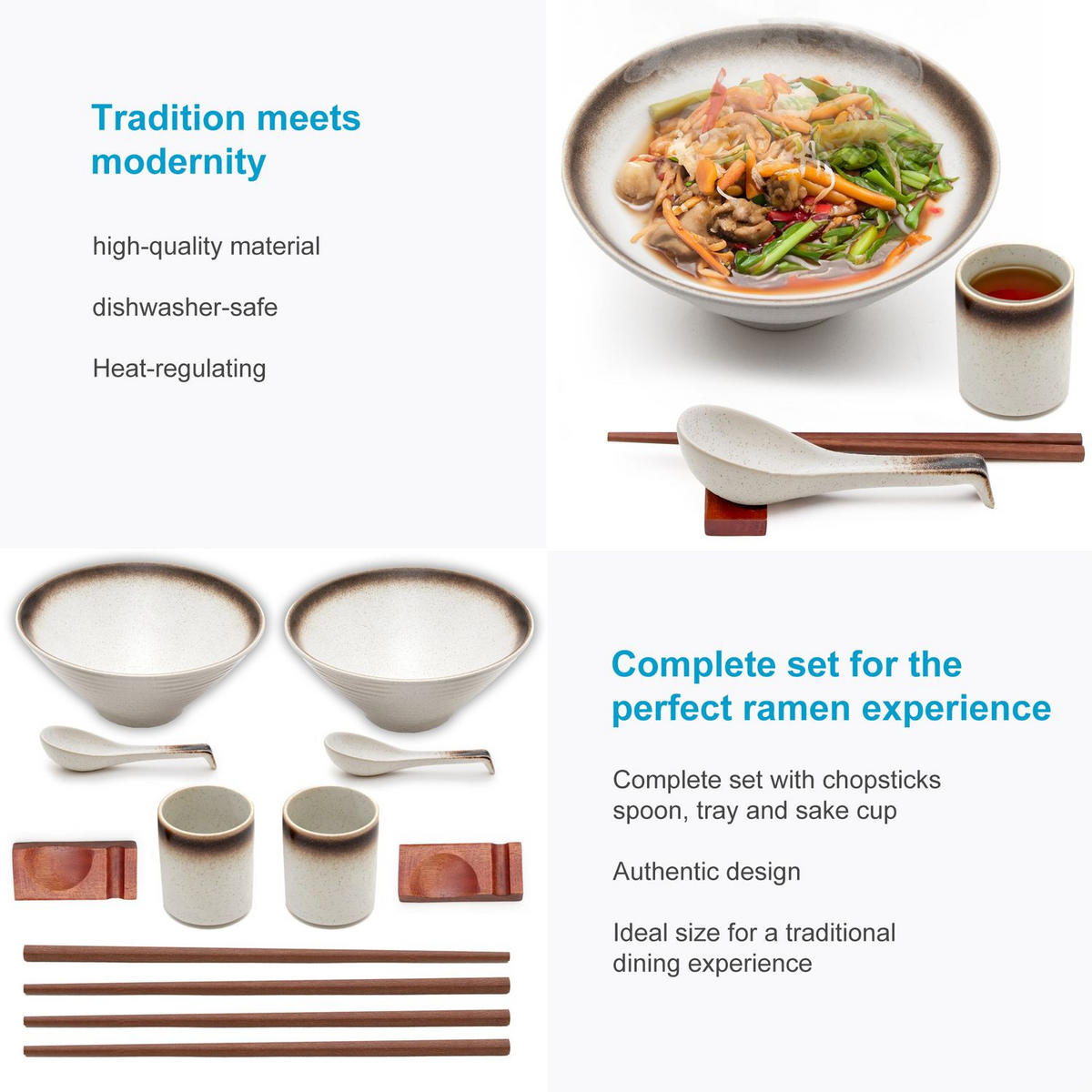 RAMEN SCHÜSSEL SET für 2 Personen aus Keramik - Weiß, Keramik - Intirilife