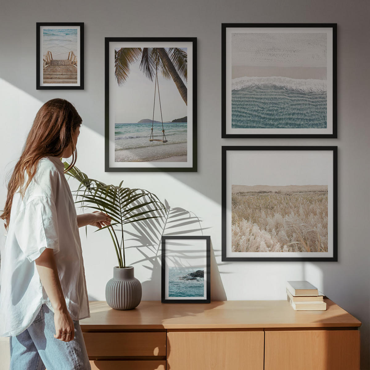 WANDBILDER 5er-Set - 50x50 cm & 20x30 cm & 40x60 cm Schwarzer Rahmen - Treppe, Strand, Meerblick, Schaukel - Schwarz, Kunststoff (40/60cm) - ArtPrintCave