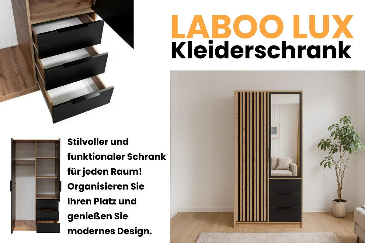 DREHTÜRENSCHRANK LABOO LUX 100/200/58 cm in Eiche Wotan / Schwarz mit Lamellen - Eiche Wotan/Schwarz, Holzwerkstoff (100/200/58cm) - Deine Möbel 24