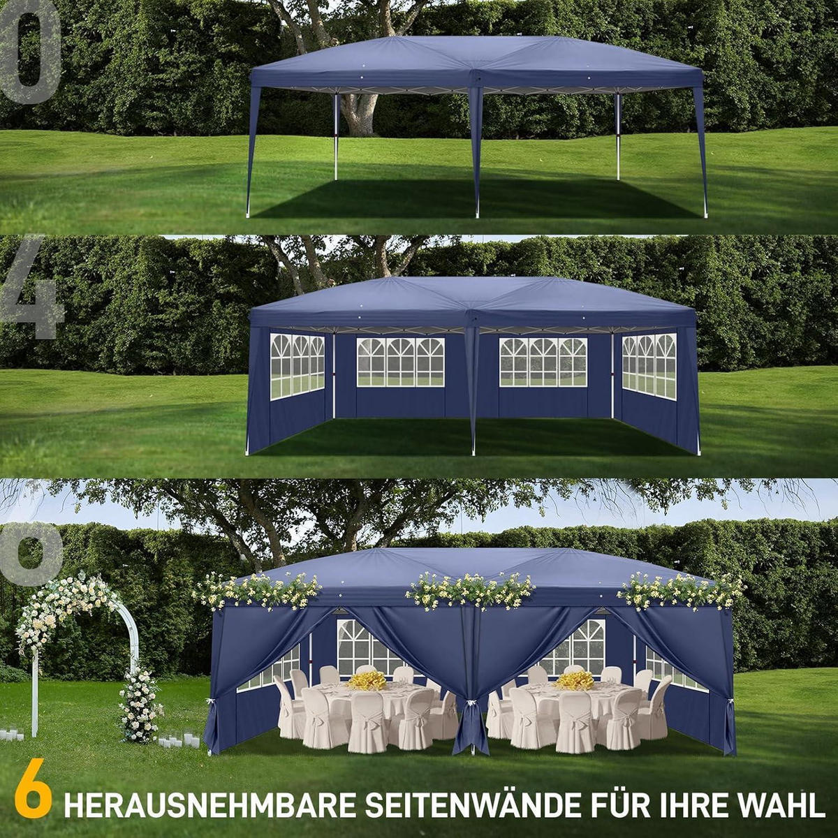 FALTPAVILLON 3 x 6 m Blau Wasserdicht UV-Schutz 50+ mit 6 Seitenteilen - Blau, Textil (300/268/600cm)
