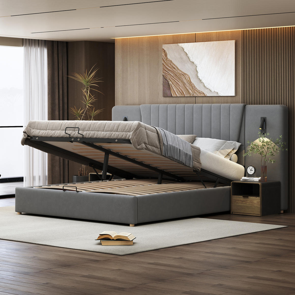 POLSTERBETT 180/200 cm in Grau Samt mit Bettkasten, Leselampen und USB - Grau, Holzwerkstoff/Textil (180/200cm) - WISHDOR