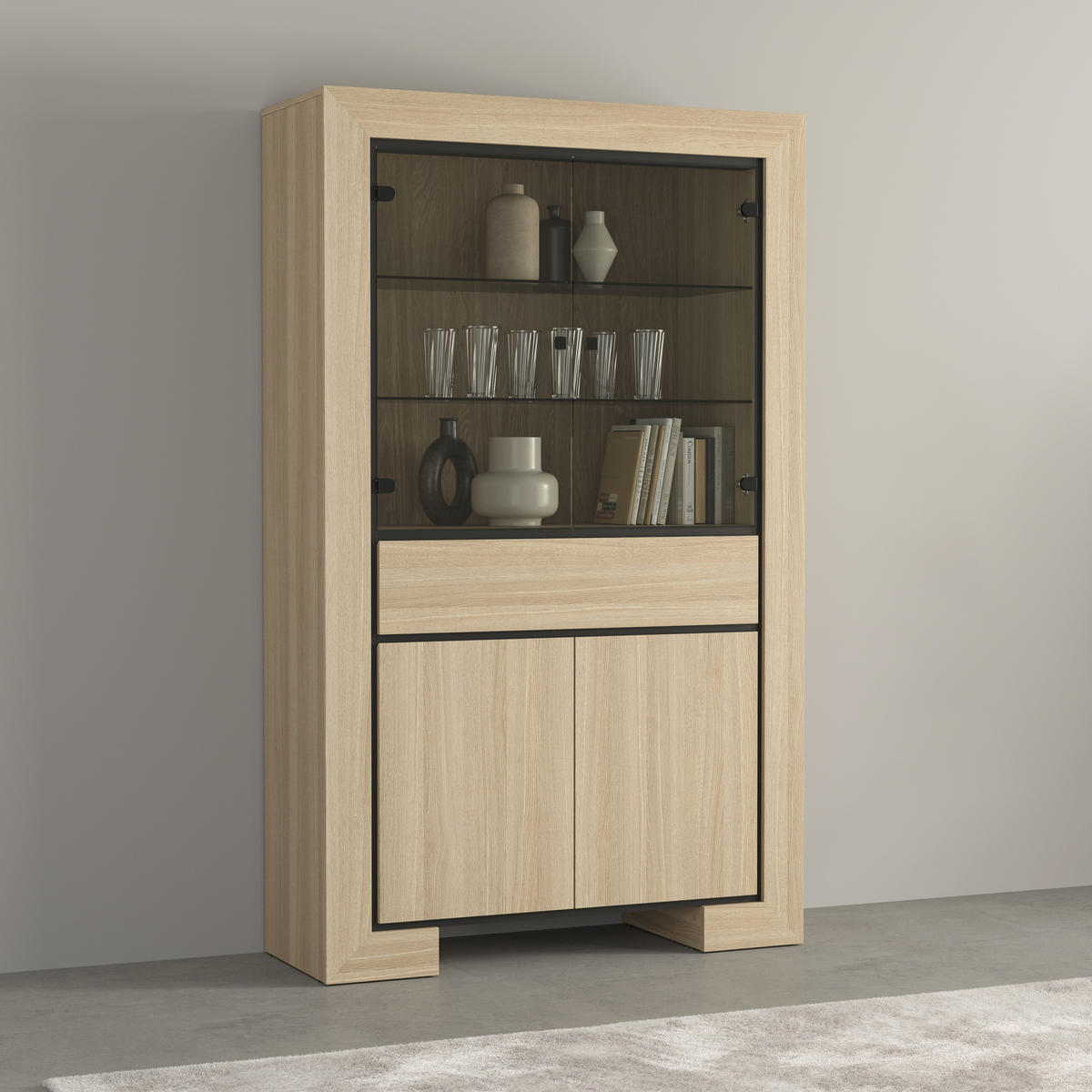 VITRINE LUNO 185 / 113 cm in Eichefarben - Eichefarben/Schwarz, Holzwerkstoff (113/185/41cm) - MASSENO
