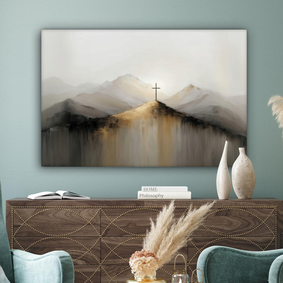 LEINWANDBILD Hügel - Abstrakt - Kreuz - Christentum Groß 140x90 cm - Beige, Textil (140/90cm) - MuchoWow