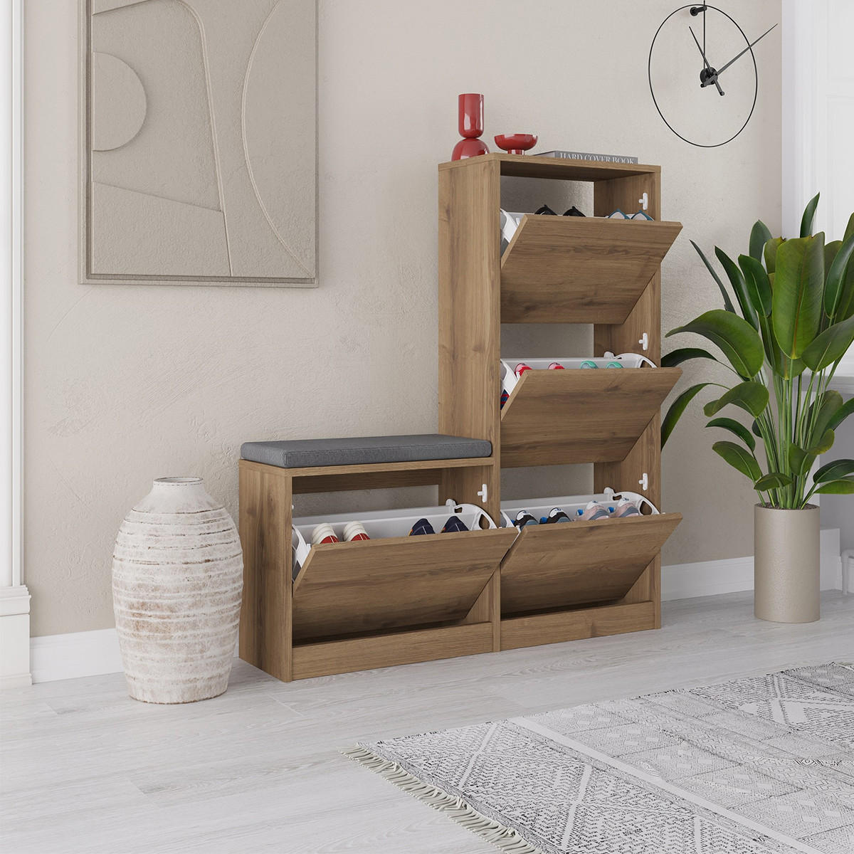 Thumbnail - Calicosy Schuhschrank, Wildeiche, Holzwerkstoff, 26x118.5x105 cm, Garderobe, Schuhaufbewahrung, Schuhkipper