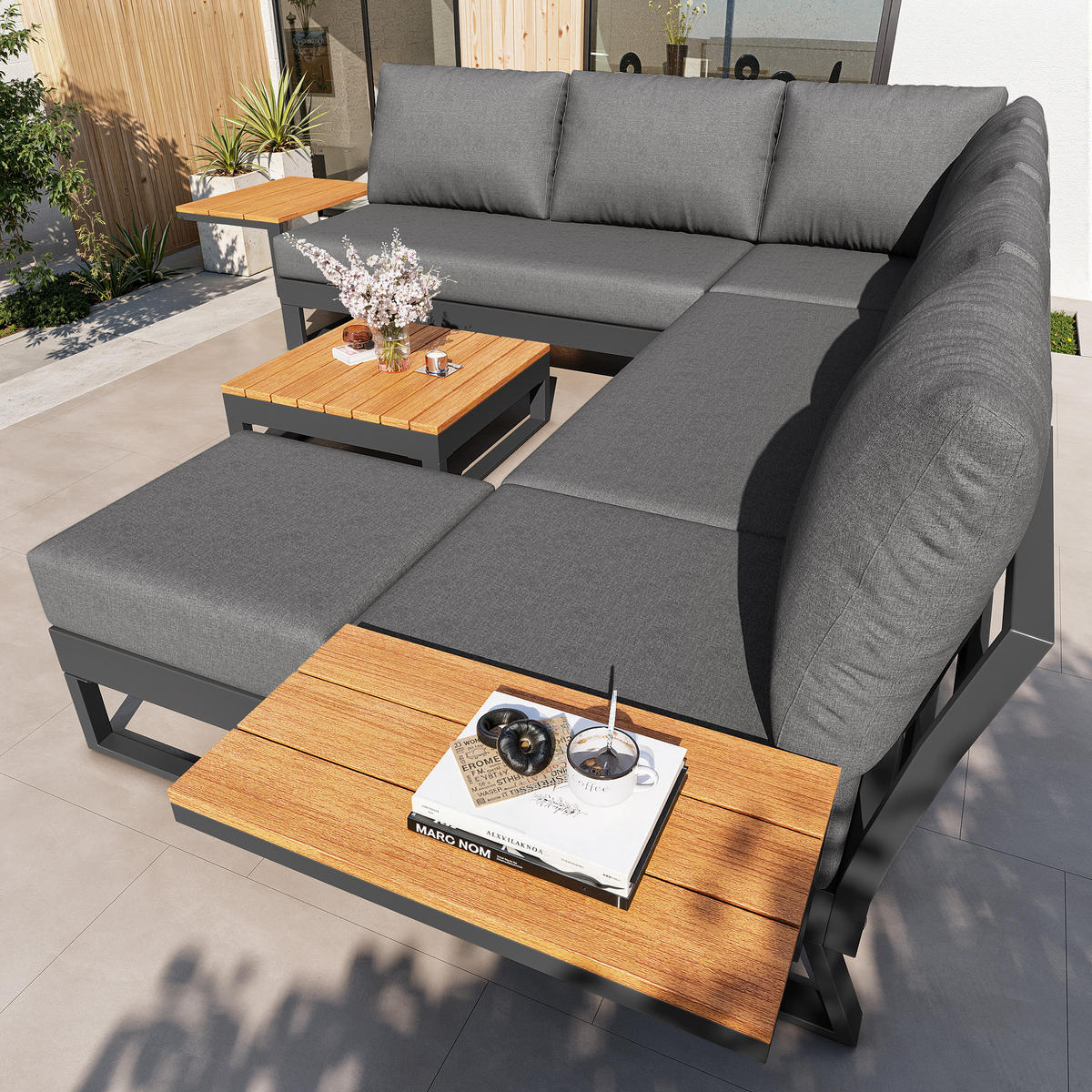 GARTEN-LOUNGE-SET 7-Sitzer mit Eisengestell, Holzarmlehnen & WPC-Tisch, 110/62/75 cm, Grau - Grau, Metall - Redom