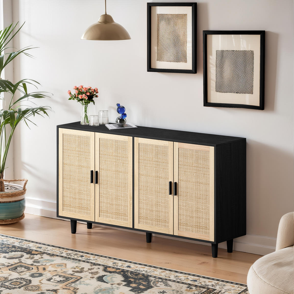 SIDEBOARD Rattanschrank mit 4 Türen und Massivholzbeinen, verstellbare Böden, MDF Natur Holzoptik - Schwarz/Naturfarben, Holz/Holzwerkstoff (158/88/40cm) - EVRYAE