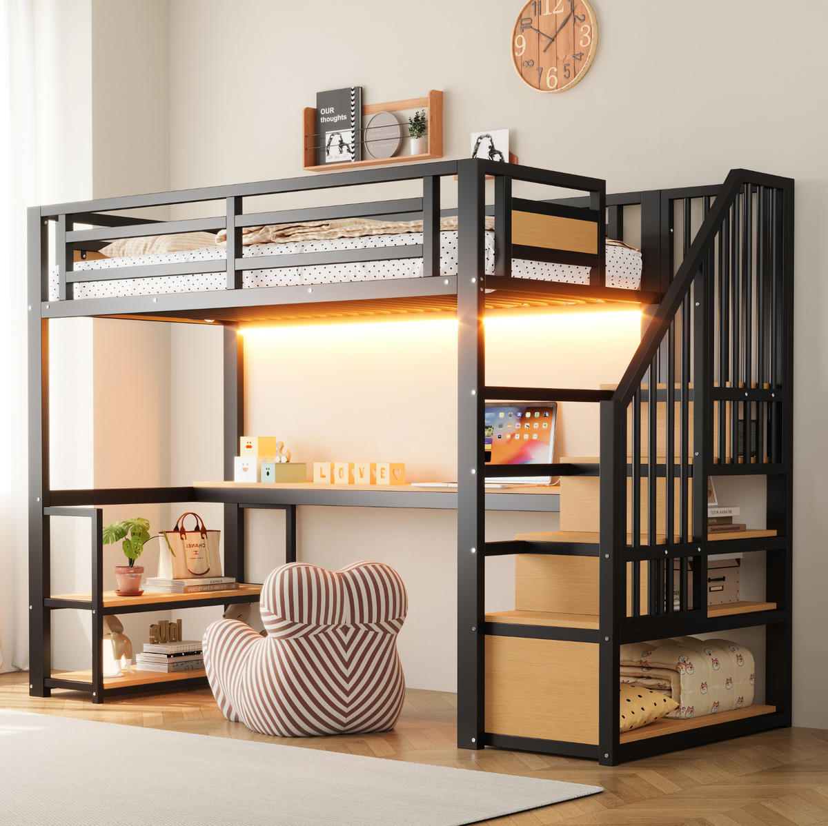 HOCHBETT 90/200 cm aus Metall mit LED-Lichtleiste, Steckdose, Tisch, Regalen und Aufbewahrungsleiter, Schwarz - Schwarz, Metall (90/200cm) - Redom