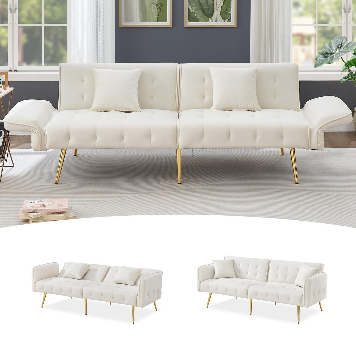 SCHLAFSOFA 178/82/70 cm Uraltes Weiß Samt mit verstellbarer Rückenlehne und mehrstelligen Armlehnen - Ecru, Textil (82/70/178cm) - Oxeza