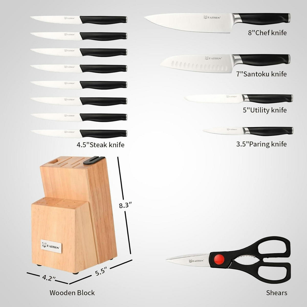 MESSERBLOCK-SET 15-teilig Deutsche Stahl Schwarz/Natürlich - Schwarz, Holz (16.6/37.2/17.7cm)