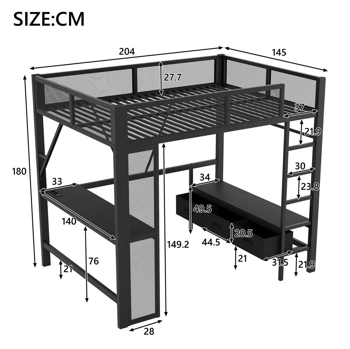 HOCHBETT 140/200 cm mit LED, USB, Schreibtisch und Schubladen - Schwarz, Metall (140/200cm) - MIVRAY