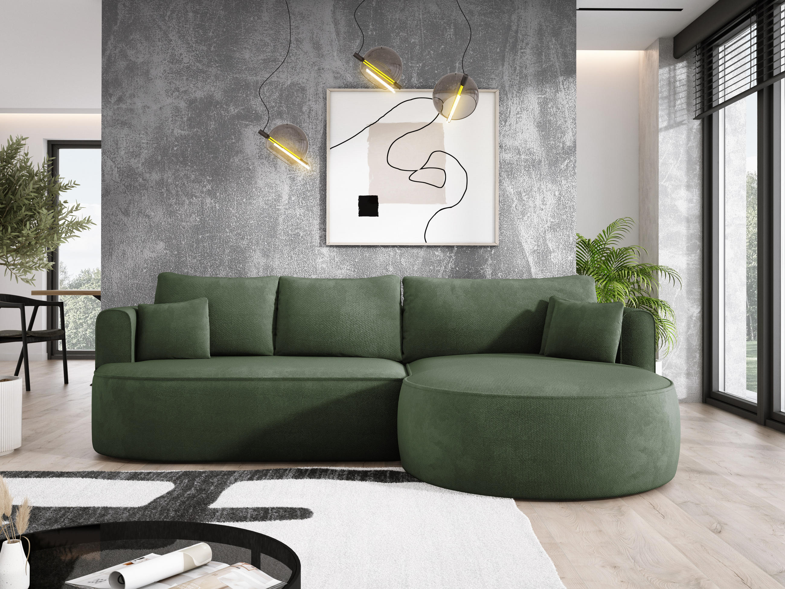ECKSOFA FIORE-L Moderne Ausziehbare Schlaf-Funktion, automatischer Auffaltung, lose Rückenkissen freistehend RECHTS 284x183x82 cm Forest green - Waldgrün, Holz/Textil (284/183cm) - DomoHome