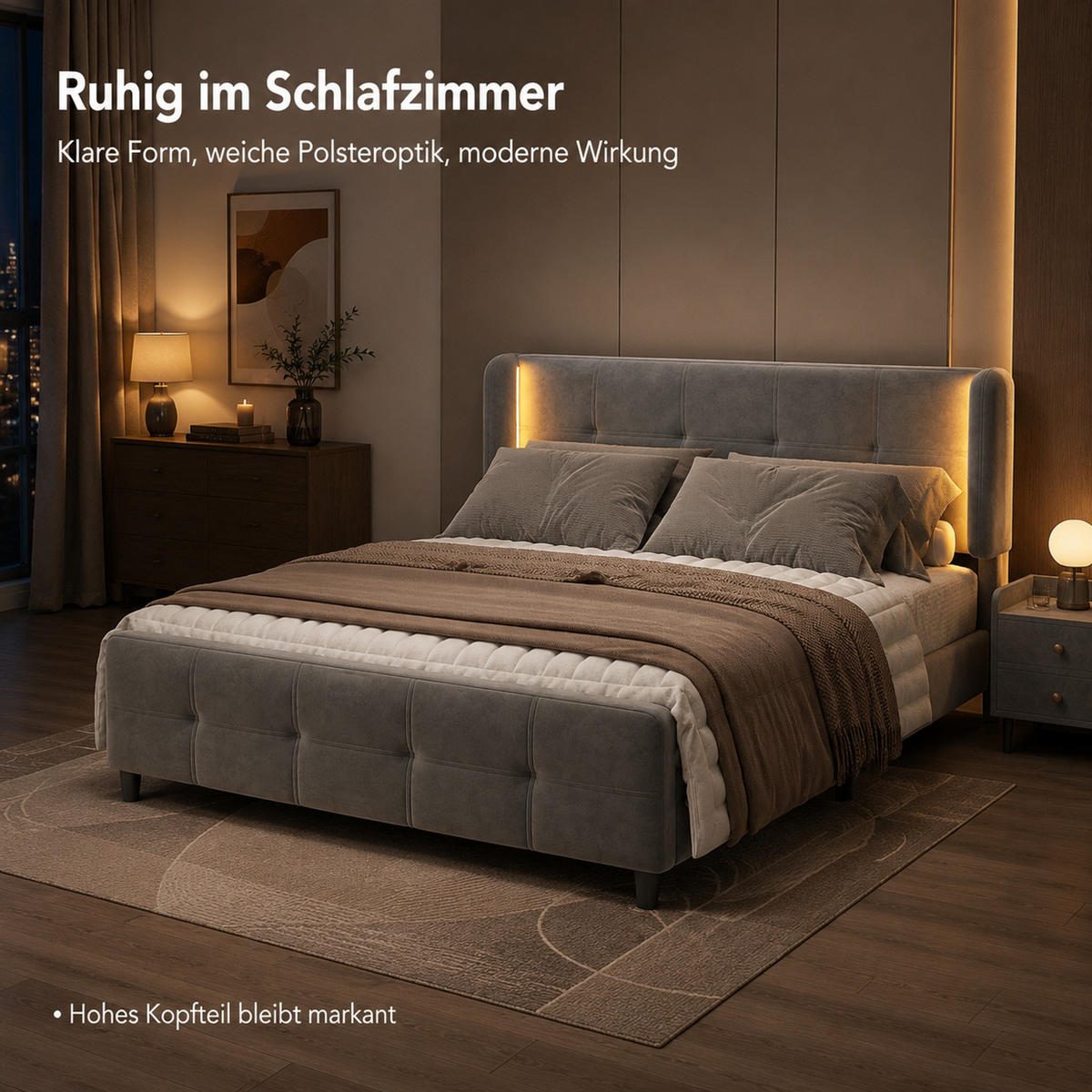 POLSTERBETT 140/200 cm Grau aus Samt mit LED-Beleuchtung - Grau, Textil (140/200cm) - OKMYHOME